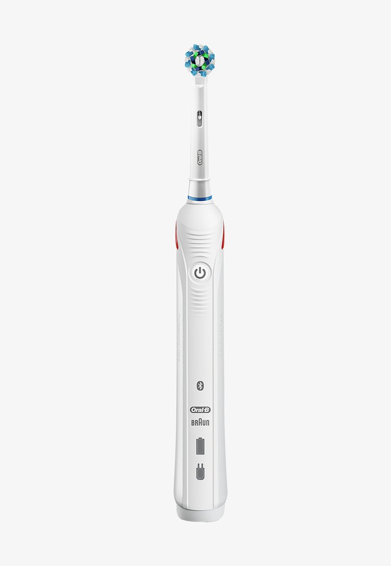 Brosse à dents électrique avec un corps en plastique blanc, des accents bleu et rouge, une tête de brosse ronde avec des poils verts et bleus, et une fonctionnalité Bluetooth.