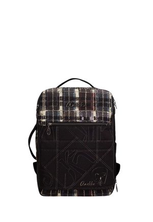 Zaino rettangolare con motivo a quadri nero e multicolore, tasca frontale con zip, manico superiore e logo decorativo Anekke sulla parte anteriore.