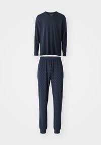 Marineblauwe longsleeve top met V-hals en bijpassende gebloemde broek met een subtiel ontwerp, elastische tailleband en taps toelopende manchetten.