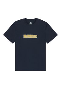 Mørkeblå bomulds t-shirt med en iøjnefaldende gul grafisk tekstdesign i midten. Korte ærmer og rund hals. Casual pasform.