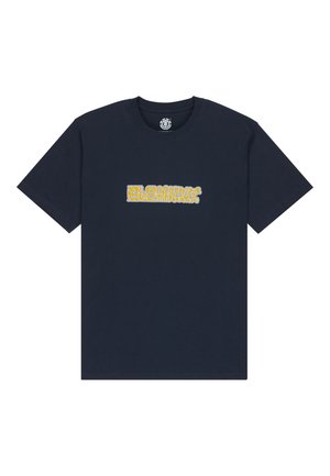 Navy cotton t-shirt featuring a bold yellow graphic text design in the center. Short sleeves and a crew neckline. Casual fit.