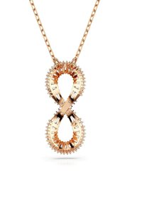 Eine roségoldene Halskette mit einem Unendlichkeitssymbol-Design, verziert mit gerippten Details und eingefassten Steinen, die an einer zarten Kette hängt.