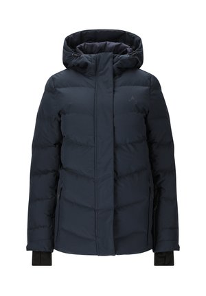 Navy blue puffer jacket with a hood, featuring a quilted design, zippered side pockets, and elastic sleeve cuffs for comfort and warmth.