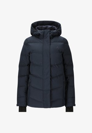 Marineblå pufferjakke med hætte, der har et quiltet design, lynlåslommer i siderne og elastiske ærmekanter for komfort og varme.