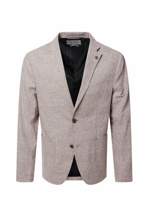 Hellbeiger karierteter Blazer mit Kerbklappe, Vorderseite mit zwei Knöpfen, aufgesetzten Taschen und schwarzem Innenfutter, dargestellt vor weißem Hintergrund.