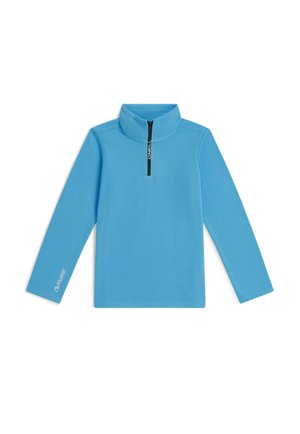Blauwe fleece trui met lange mouwen, een kwartrits, een hoge kraag en een "Polartec" logo op de linker mouw.