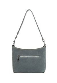 Borsa a tracolla in suede grigio con una texture liscia, manico curvo singolo e tasca frontale con zip. Presenta cuciture subtle e una forma rettangolare.