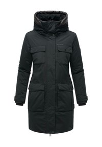 Zwarte parka met capuchon, ritssluiting, twee grote voorzakken en een gladde stoftextuur. Eenvoudig ontwerp zonder patronen.