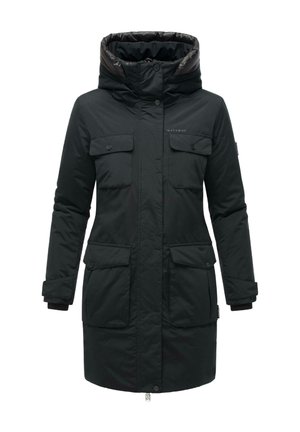 Black parka jacket featuring a hood, zip closure, two large front pockets, and a smooth fabric texture. Simple design with no patterns.
