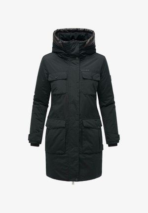 Must sark koos kapuutsi, tõmblukuga, kahe suure eespoltiga ja sileda kangatekstuuriga. Lihtne disain, ilma mustriteta.