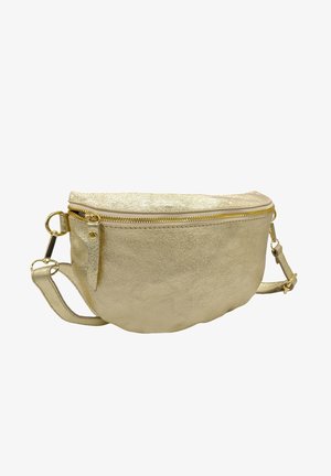 Sac bandoulière en simili cuir métallisé doré, forme arrondie, fermeture zippée sur le dessus, sangle ajustable, texture lisse, accents en matériaux minimalistes.