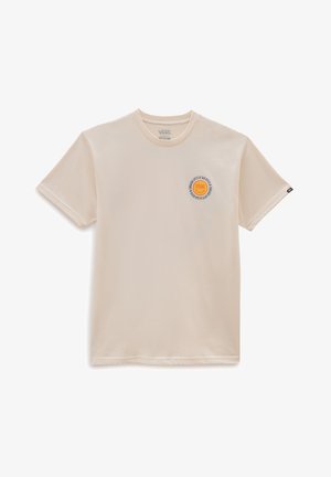 T-shirt beige Vans à manches courtes et col rond, avec un petit logo circulaire Vans avec texte sur la poitrine gauche.
