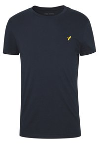 Námořnická modrá bavlněná tričko s krótkými rukávy, kulatým výstřihem, s malým žlutým ptáčkem logem na levé části hrudi. Hladká textura, běžný střih.