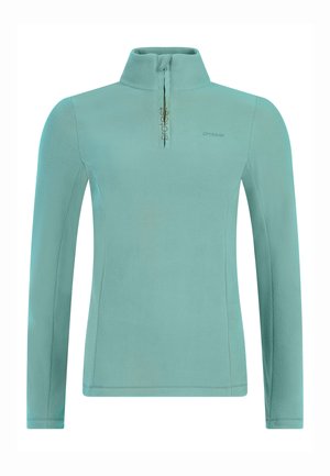 Teal fleece pullover met een hoge kraag en een rits tot de helft. Heeft lange mouwen, een gladde textuur en subtiele branding op de borst.