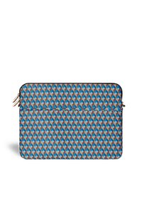 Laptop case with a geometric pattern in blue, brown, and beige. Made of textured material, features a zip closure and dual zipper pulls.