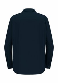 Long-sleeve shirt in navy blue, featuring a collared neckline, a smooth texture, buttoned cuffs, and a relaxed fit with a curved hem.