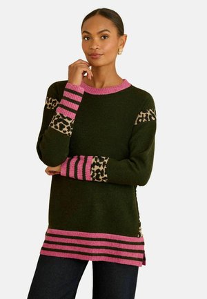 Green sweater with pink ribbed collar and cuffs, featuring leopard pattern accents. Striped pink hem and black jeans complete the look.