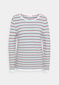 Dlouhá pruhovaná košile s kulatým výstřihem; má horizontální pruhy v světle modré, červené a černé barvě na bílém pozadí s žebrovanou texturou.