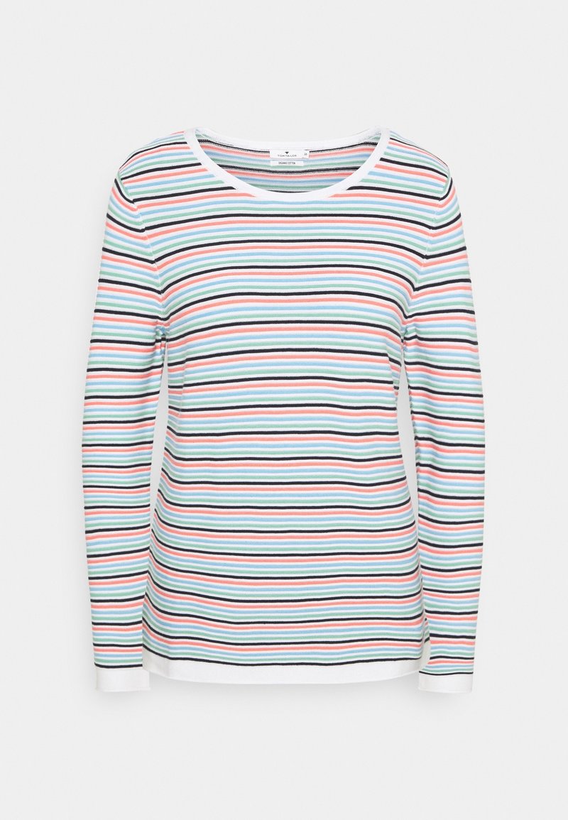 Dlouhá pruhovaná košile s kulatým výstřihem; má horizontální pruhy v světle modré, červené a černé barvě na bílém pozadí s žebrovanou texturou.