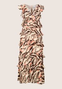 Robe midi sans manches avec volants superposés et motif animal abstrait marron, beige et rose sur tissu léger.
