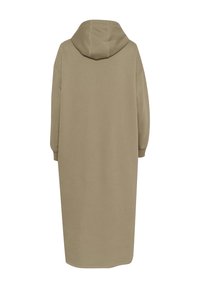 Een hoodie jurk met lange mouwen, gemaakt van zachte, textuurstof in een beige tint. De jurk heeft dropped shoulders en een rechte silhout.