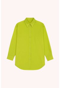 Lime green long-sleeve shirt with a pointed collar and button-down front, featuring a straight hem and smooth fabric texture.