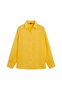 Chemise jaune à manches longues avec boutons, fabriquée en tissu léger, dotée d'un col classique et de boutons sur le devant, avec une coupe ample.