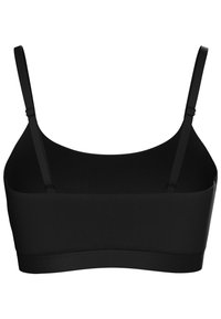 Bralette nera con spalline regolabili, trama liscia e una fascia ampia e senza cuciture. Design semplice senza decorazioni o motivi.