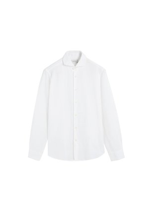 Camisa blanca de manga larga con botones, cuello clásico y puños ajustados, mostrada sobre un fondo blanco liso.