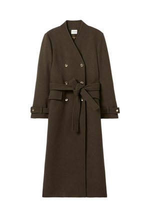 Manteau marron à double boutonnage en laine, avec une ceinture, des boutons en argent et un col à revers. Manches longues avec des poignet réglables.