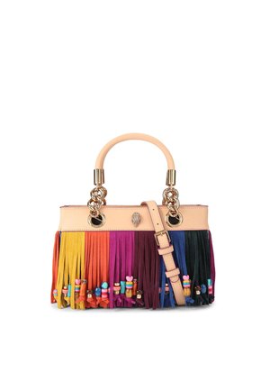 Handbag with beige handles, multicolored suede fringes, decorated with beads, and a beige adjustable shoulder strap.