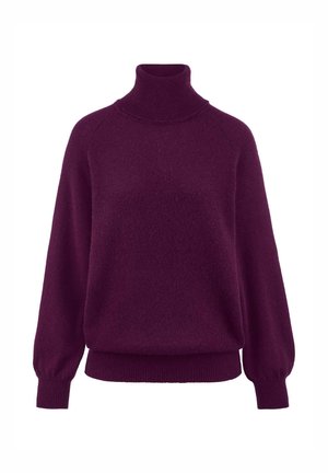 Burgundy turtleneck sweater with a soft, textured finish, featuring raglan sleeves and ribbed cuffs and hem for a relaxed fit.