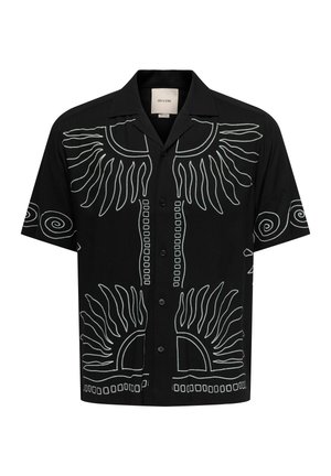 Fekete rövid ujjú, gombos ing fehér absztrakt nap és spirál vonal mintákkal elöl és az ujjakon.