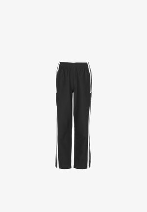 Black athletic pants with an elastic waistband, featuring white side stripes, a loose fit, and smooth fabric texture.