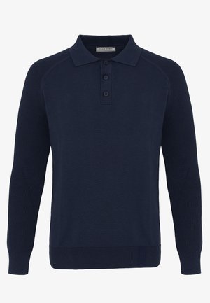 Maglione polo in maglia blu navy a maniche lunghe con pattina a tre bottoni e polsini e orlo a costine.