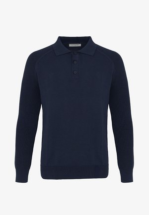 Tumesinine meremehe pikkade varrukatega kudumispolo, millel on kolme nupuga plastron ning soonilised mansetid ja ääred.