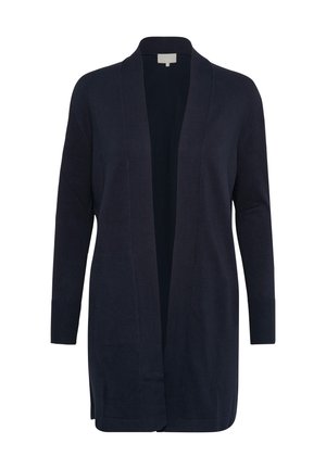 Cardigan lung navy, realizat dintr-un material moale, cu un croi deschis în față, manșete cu nervuri și o potrivire lejeră. Fără închideri sau modele vizibile.