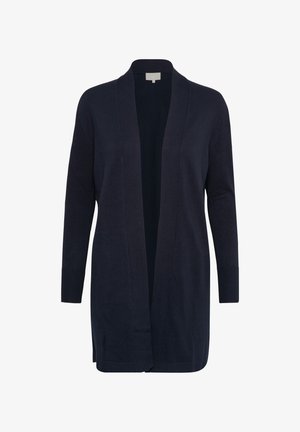 Lungo cardigan blu navy realizzato in tessuto morbido, con apertura frontale, polsini a coste e una vestibilità rilassata. Nessun sistema di chiusura o motivo visibile.