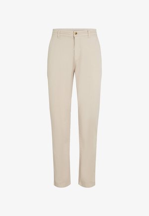 Pantalones beige confeccionados en una mezcla de algodón, que presentan un diseño de pierna recta, cierre de botón y bolsillos laterales con textura suave.