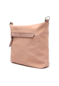 Roze kožna torba za rame s glatkom teksturom, koja ima prednji zip džep i bočni ručni remen, osmišljena za moderni, minimalistički izgled.