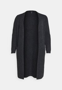 Dlouhý kardigan z tmavě šedé vlněné směsi, otevřený přední díl bez zapínání, dlouhé rukávy a měkký, texturovaný povrch.
