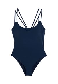 Maillot de bain une pièce bleu marine avec une texture lisse, un décolleté plongeant et plusieurs fines bretelles entrecroisées dans le dos.