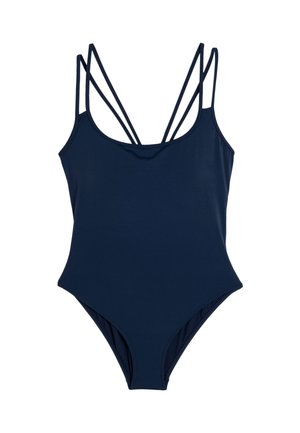 Costume intero blu navy con una superficie liscia, scollatura profonda a giro e molteplici fasce sottili incrociate sulla schiena.