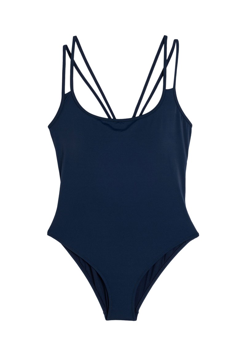 Maillot de bain une pièce bleu marine avec une texture lisse, un décolleté plongeant et plusieurs fines bretelles entrecroisées dans le dos.