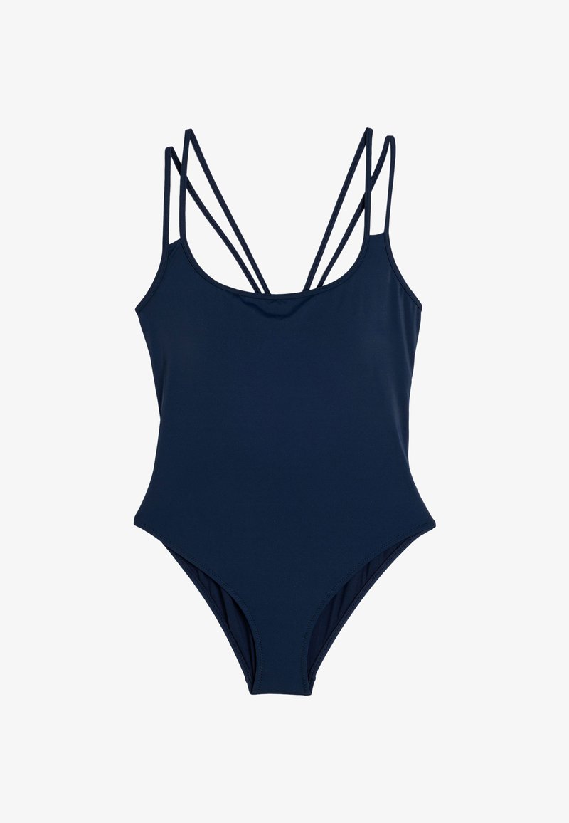 Marineblauwe badpak met een gladde textuur, diepe scoop halslijn en meerdere dunne banden die op de rug kruisen.