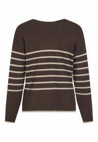 Pull marron à manches longues, avec des rayures horizontales beige clair, une coupe décontractée et un grand col. Texture lisse en tricot.