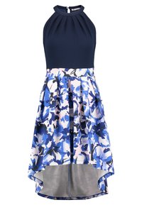Sukienka na ramiączkach z granatowym korpusem i asymetryczną spódnicą w kwiaty w odcieniach niebieskiego i różowego. Posiada plisy oraz zapięcie na karku.