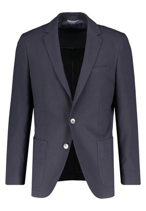 Tmavě modrý pánský blazer s výstřihem s vykrojením, dvěma bílými knoflíky, předními našitými kapsami a náprsní kapsou, střižený na míru.