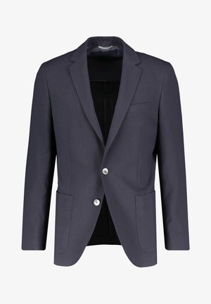 Navy blue men's blazer with notch lapels, two white buttons, front patch pockets, and chest welt pocket, tailored fit.