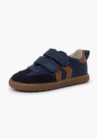 Navy and brown children's shoe made of suede and leather with two Velcro straps, rounded toe, and textured rubber sole. Features bear logo.
